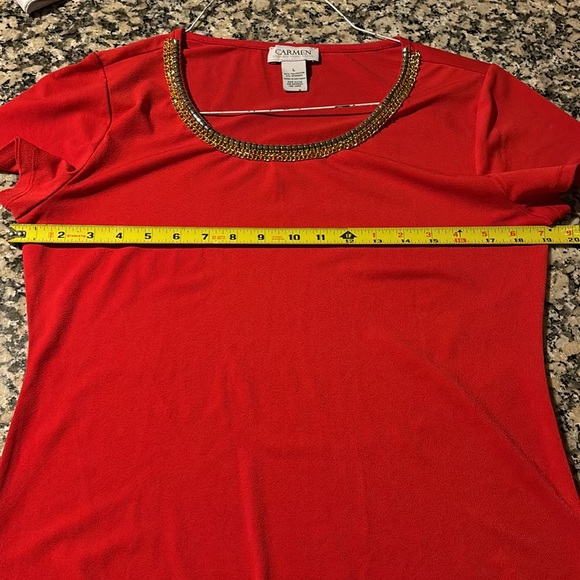 Carmen Marc Valvo Holiday Red Short Sleeve Blouse Christmas SzL - Picture 6 of 7